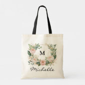 Trendy Monogram Burgundy Floral Wreath Script Name Tragetasche (Rückseite)