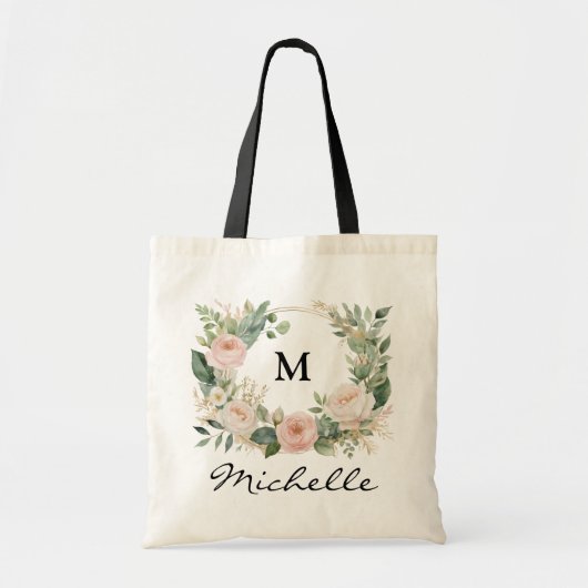 Trendy Monogram Burgundy Floral Wreath Script Name Tragetasche (Vorne)