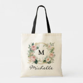 Trendy Monogram Burgundy Floral Wreath Script Name Tragetasche (Rückseite)