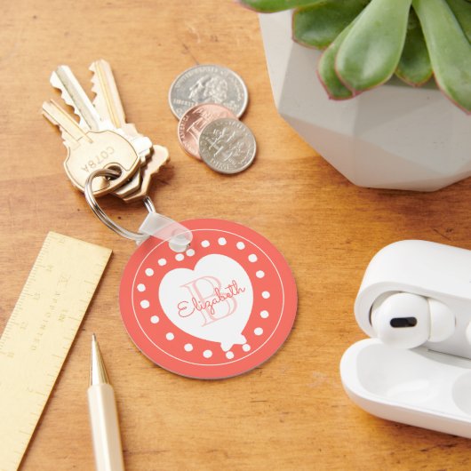 Trendy Monogram Coral White Heart Schlüsselanhänger (Schreibtisch)