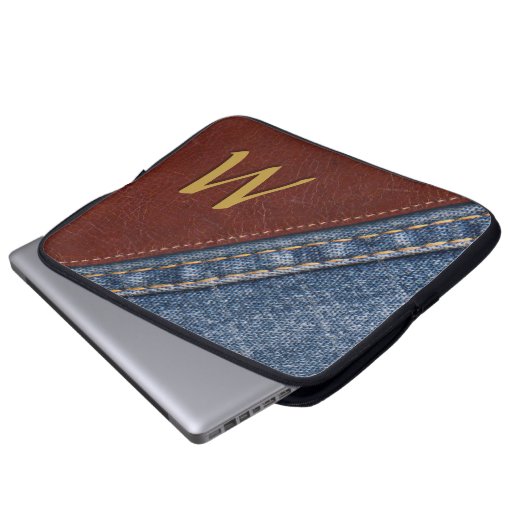 Trendy Monogram Denim and Leather Laptopschutzhülle (Vorne Knopf)