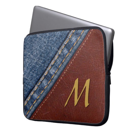 Trendy Monogram Denim and Leather Laptopschutzhülle (Vorderseite Links)