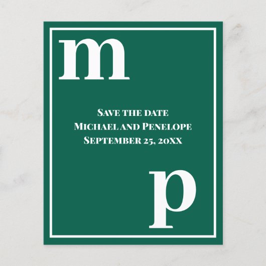 Trendy Monogram Emerald Green Budget Save the Date Flyer (Vorne)