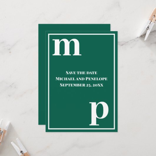 Trendy Monogram Emerald Green Save the Date Einladung (Vorderseite/Rückseite Beispiel)
