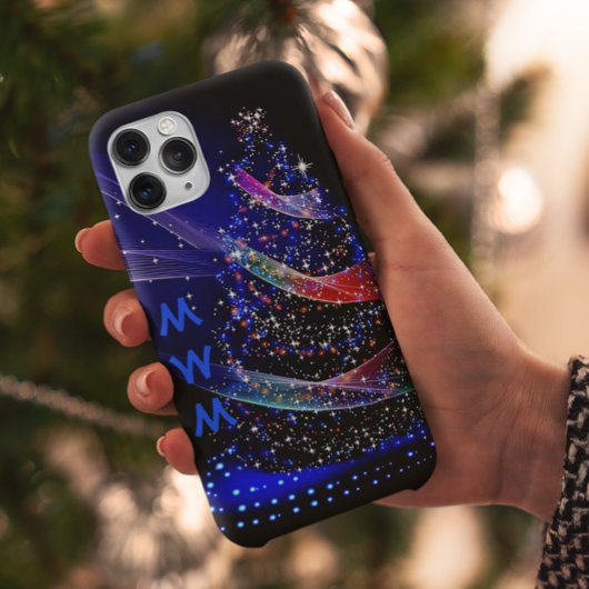 Trendy Monogram Glitzer Christmas Tree Navy iPhone Hülle