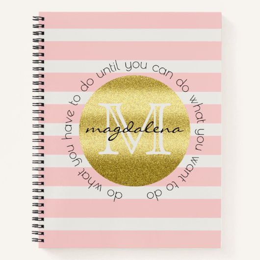 Trendy Monogram Gold Glitzer Blush Pink Stripes Notizbuch (Vorderseite)