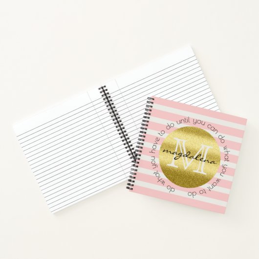 Trendy Monogram Gold Glitzer Blush Pink Stripes Notizbuch (Innenseite)