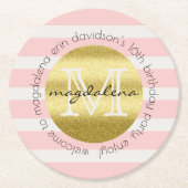 Trendy Monogram Gold Glitzer Blush Pink Stripes Runder Pappuntersetzer (Vorderseite)