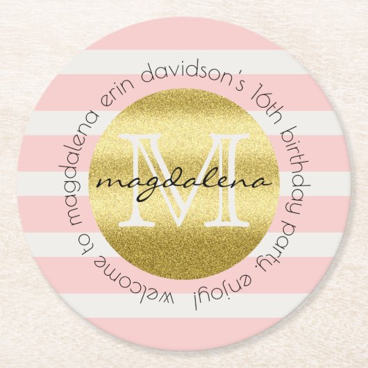 Trendy Monogram Gold Glitzer Blush Pink Stripes Runder Pappuntersetzer (Vorderseite)