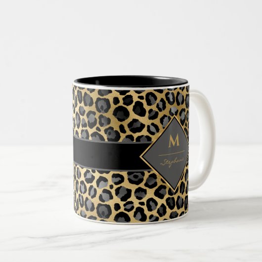 Trendy Monogram Leopard Print | Schwarzes Grau & G Zweifarbige Tasse (VorderseiteRechts)