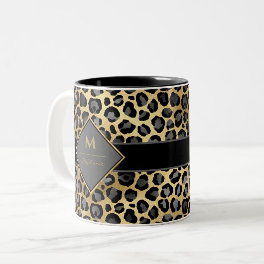 Trendy Monogram Leopard Print | Schwarzes Grau & G Zweifarbige Tasse (Vorderseite Links)