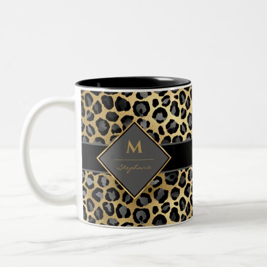 Trendy Monogram Leopard Print | Schwarzes Grau & G Zweifarbige Tasse (Links)