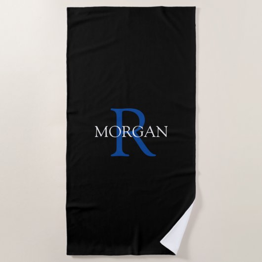 Trendy Monogram & Name, DP Blue/White Text, Black Strandtuch (Vorderseite)