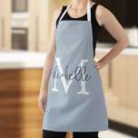 Trendy Monogram Name Initial Script Dusty Blue Schürze<br><div class="desc">Trendy Monogram Name Initial Script Dusty Blue. Einfach zu personalisieren.</div>