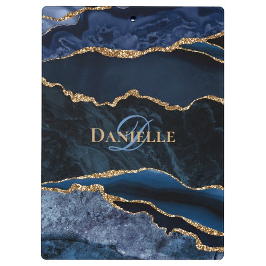 Trendy Monogram Navy Blue Gold Agate Klemmbrett (Rückseite)