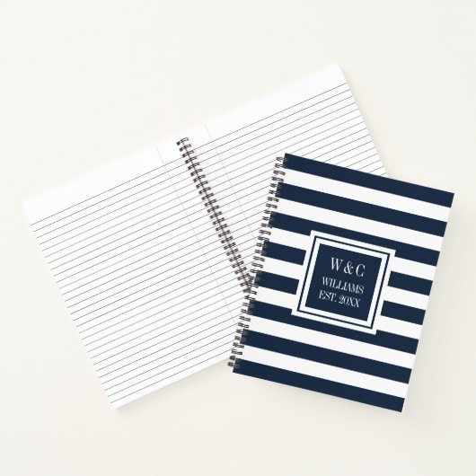 Trendy Monogram Navy Blue Stripe Familienname Notizblock (Innenseite)