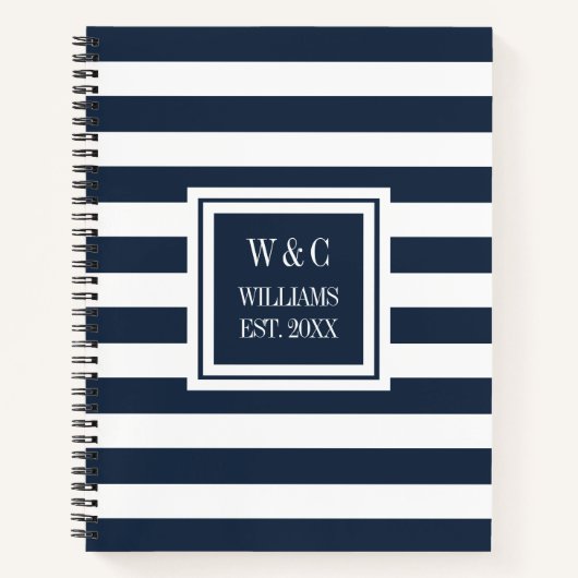 Trendy Monogram Navy Blue Stripe Familienname Notizblock (Vorderseite)