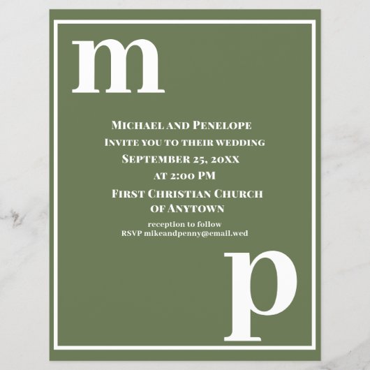 Trendy Monogram Olive Green Budget Wedite Einladun Flyer (Vorne)