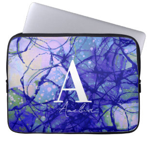 Trendy Monogram Personalisiert Name Blau Abstrakt Laptopschutzhülle