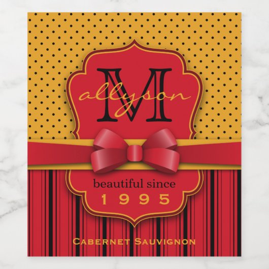 Trendy Monogram Retro Yellow Polka Dot Red Stripes Weinetikett (Einzelnes Label)