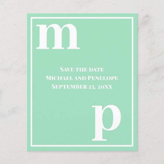 Trendy Monogram Seafoam Green Budget Save the Date Flyer (Vorne)