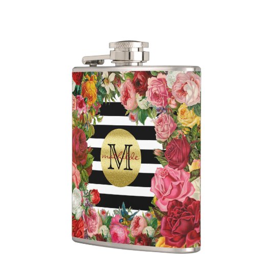 Trendy Monogram Stripes Rose Blume Gold Glitzer Flachmann (Links)