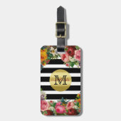 Trendy Monogram Stripes Rose Blume Gold Glitzer Gepäckanhänger (Vorderseite vertikal)
