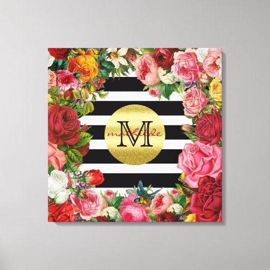 Trendy Monogram Stripes Rose Blume Gold Glitzer Leinwanddruck (Vorderseite)
