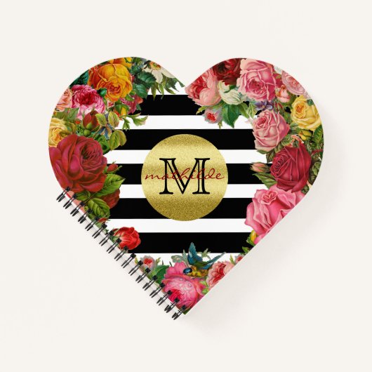 Trendy Monogram Stripes Rose Blume Gold Glitzer Notizblock (Vorderseite)