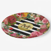 Trendy Monogram Stripes Rose Blume Gold Glitzer Pappteller (Schrägansicht)