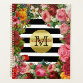 Trendy Monogram Stripes Rose Blume Gold Glitzer Planer (Vorderseite)