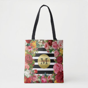 Trendy Monogram Stripes Rose Blume Gold Glitzer Tasche