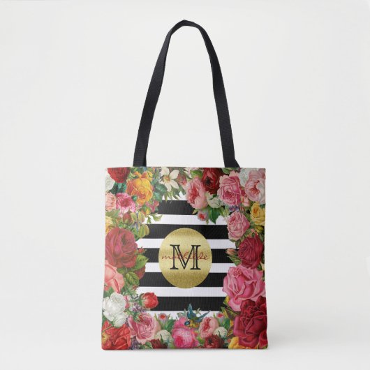 Trendy Monogram Stripes Rose Blume Gold Glitzer Tasche (Vorderseite)