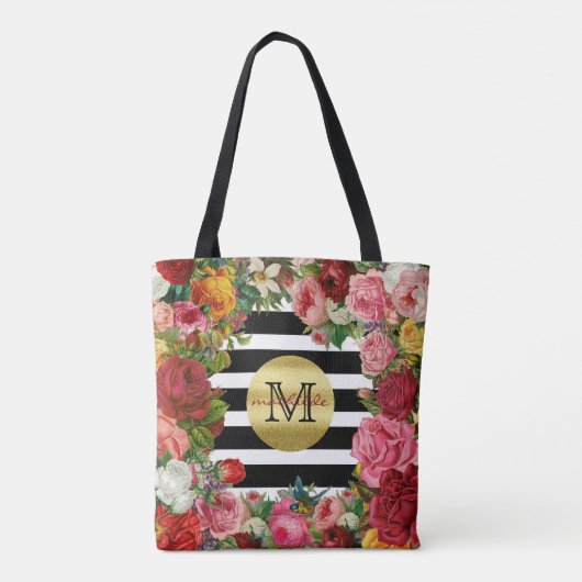 Trendy Monogram Stripes Rose Blume Gold Glitzer Tasche (Rückseite)