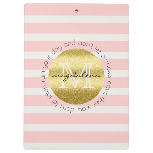 Trendy Monogramm-GoldGlitzer erröten rosa Streifen Klemmbrett (Rückseite)