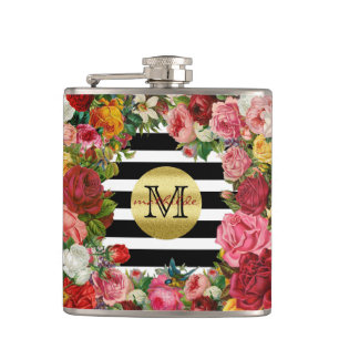 Trendy Monogramm Stripes Rosen-Blumen-GoldGlitzer Flachmann