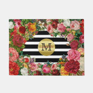 Trendy Monogramm Stripes Rosen-Blumen-GoldGlitzer Fußmatte