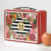 Trendy Monogramm Stripes Rosen-Blumen-GoldGlitzer Metall Brotdose (Beispiel)