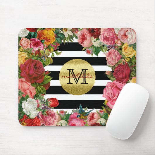 Trendy Monogramm Stripes Rosen-Blumen-GoldGlitzer Mousepad (Mit Mouse)