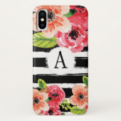 Trendy Monogrammierte Schwarz-weiß Stripes-Blume Case-Mate iPhone Hülle (Rückseite)
