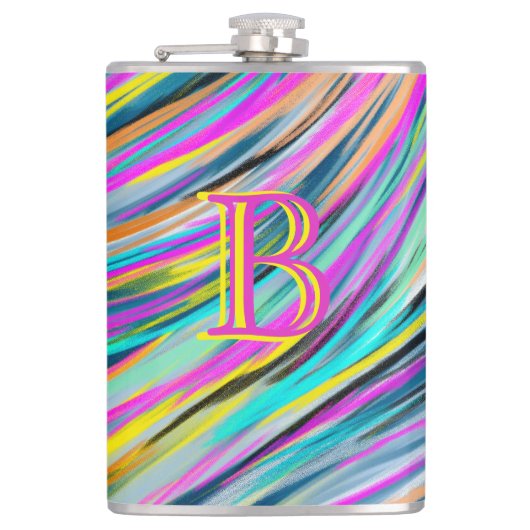Trendy Multicolor Neon Psychedelic Monogram Flachmann (Vorderseite)