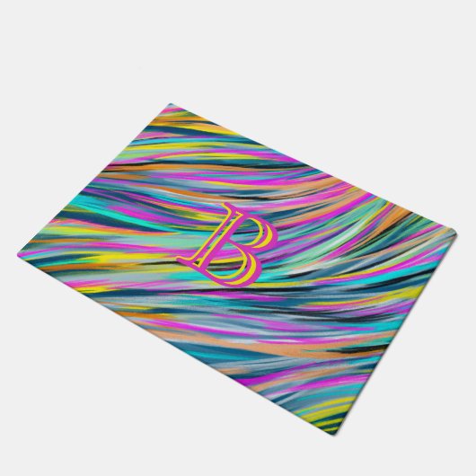 Trendy Multicolor Neon Psychedelic Monogram Fußmatte (Schrägansicht)