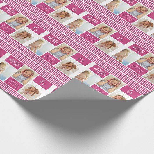 Trendy Muster Pink Streifen Foto Collage Geburtsta Geschenkpapier (Ecke)
