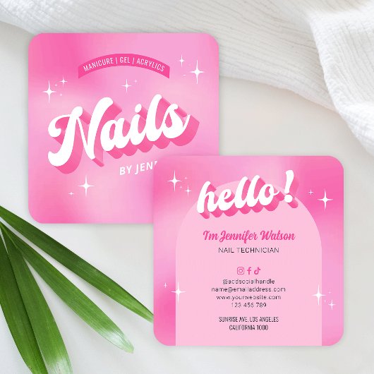 Trendy Nail Artist Girly Pink Groovy Nails Salon Quadratische Visitenkarte
