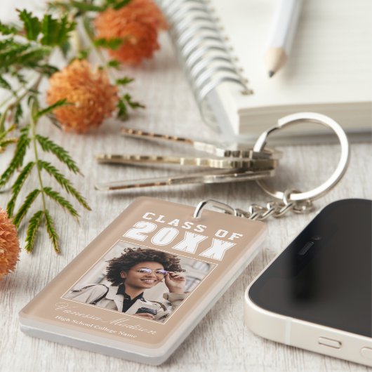 Trendy Name Class Taupe Beige Graduate Foto Schlüsselanhänger (Vorderseite rechts)