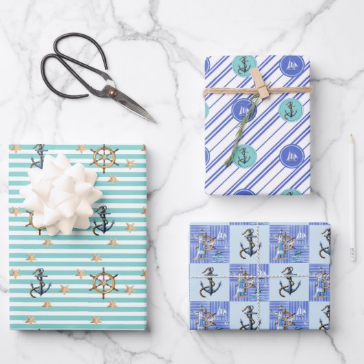 Trendy Nautical Sea Anchor Boating Blue Stripes Geschenkpapier Set (Vorderseite)