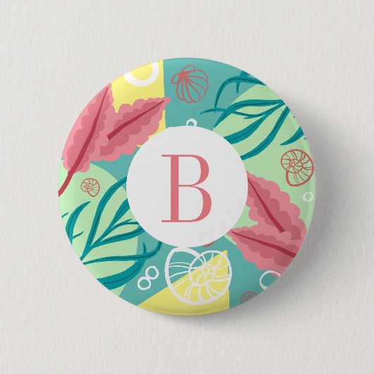 Trendy Nautical Seashells Seaweed | Monogramm Button (Vorderseite)