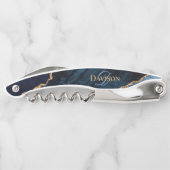 Trendy Navy Blue Agate Gold Glitzer Monogram Kellnermesser (Rückseite)