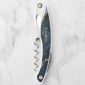 Trendy Navy Blue Agate Gold Glitzer Monogram Kellnermesser (Vorderseite)