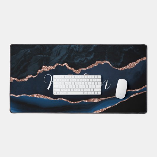 Trendy Navy Blue Agate Rose Gold Glitzer Desk Mat Schreibtischunterlage (Tastatur & Maus)